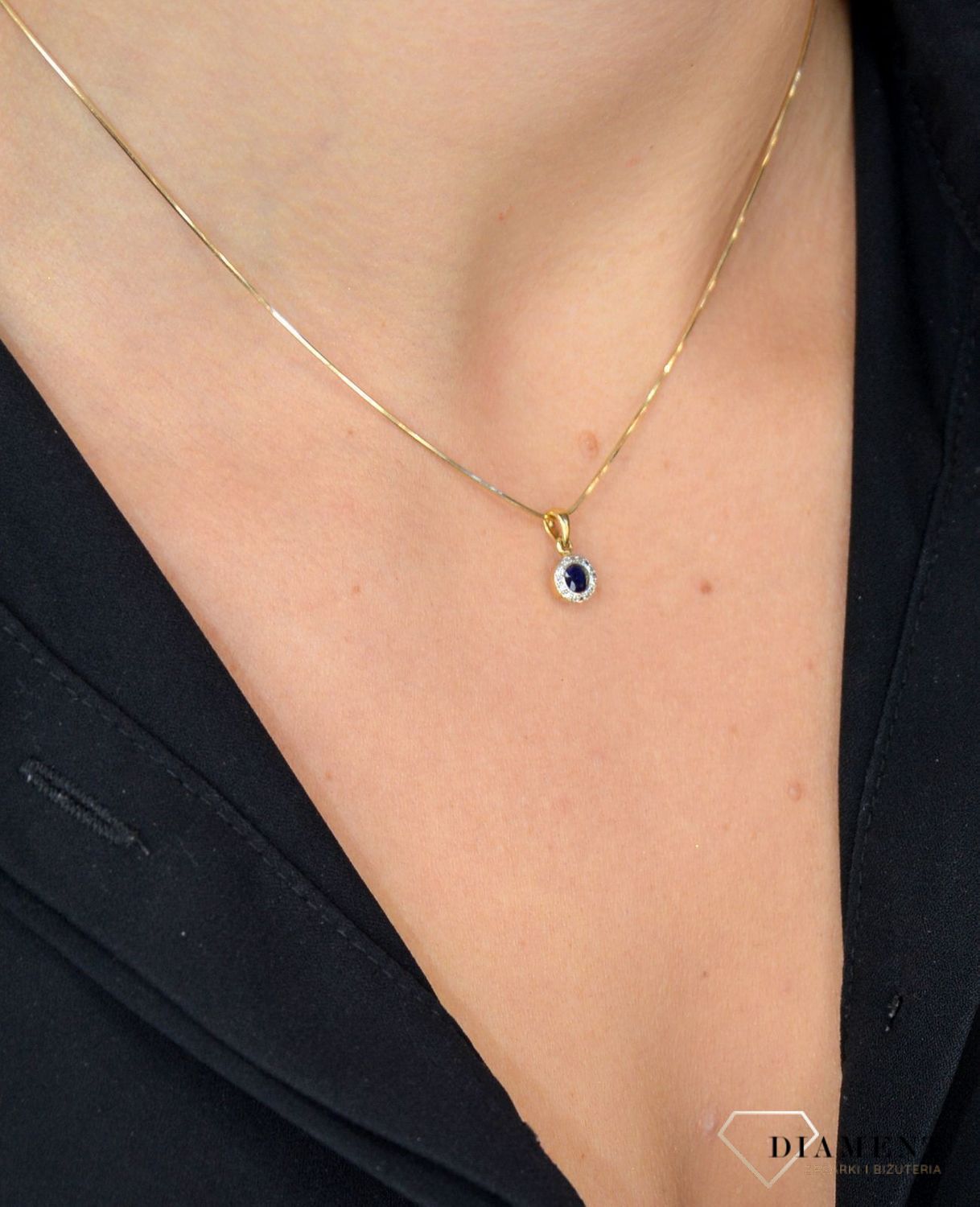 Złota zawieszka DIAMENT 585 okrągła szafir, diamenty P 330SAP Y.jpg